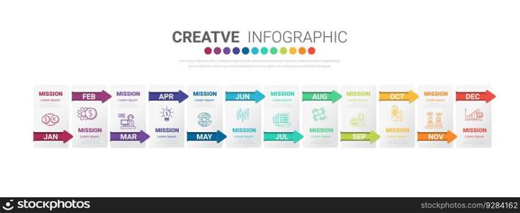 Timeline for 1 year, 12 months, infographics all month planner design and Presentation business can be used for annual report, workflow, process diagram, flow chart, EPS vector