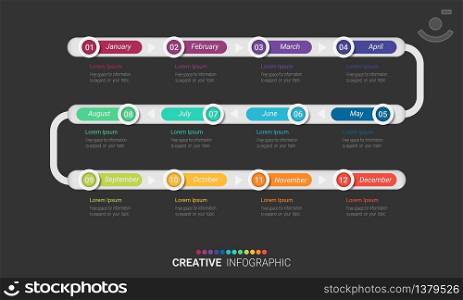 Timeline for 1 year, 12 months, infographics month planner design vector 12 steps and Presentation business can be used for Business concept with 12 options, steps or processes.