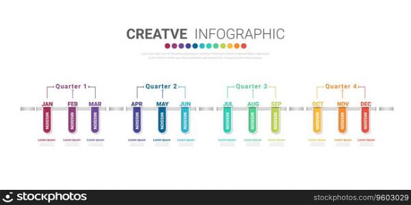 Timeline for 1 year, calendar, 12 months, Presentation business 4 quarter, Infographic Timeline can be used for workflow, process diagram, flow chart. EPS vector.