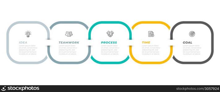 Timeline infographic label design with marketing icons and square layout. Business concept with 5 options, steps or processes. Vector illustration.