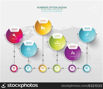 Timeline infographic template with world map and 6 step options design for marketing, presentation, workflow layout, diagram, annual report, web design.