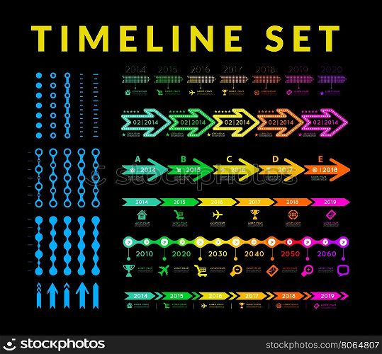 Timeline infographic vector set. Timeline element vector infographic on black background