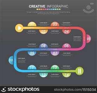 Timeline Infographics Template, Vector infographics timeline design template with 14 label, Vector. can be used for workflow layout, diagram, number step up options.