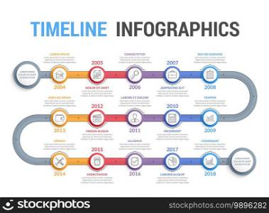 Timeline infographics template with 15 steps, workflow, process, history diagram, vector eps10 illustration. Timeline Infographics
