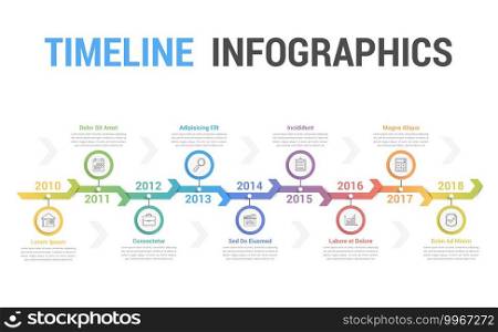 Timeline infographics template with arrows, workflow or process diagram, soft gradient colors, vector eps10 illustration. Timeline Infographics