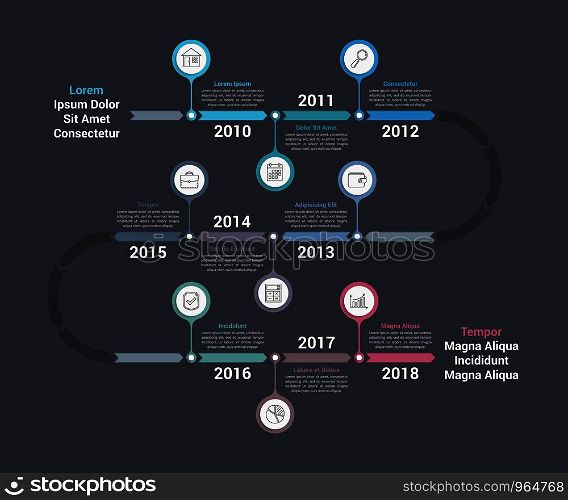 Timeline infographics template with arrows, workflow or process diagram, vector eps10 illustration. Timeline Infographics