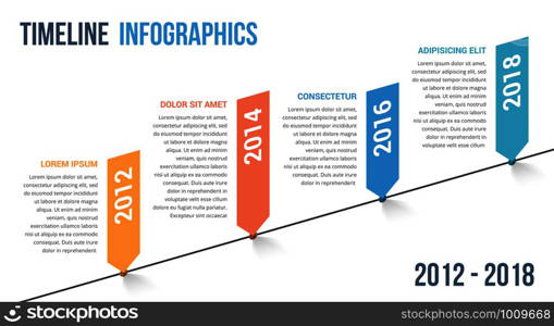 Timeline infographics template with diagonal line and four pointers, vector eps10 illustration. Timeline Infographics