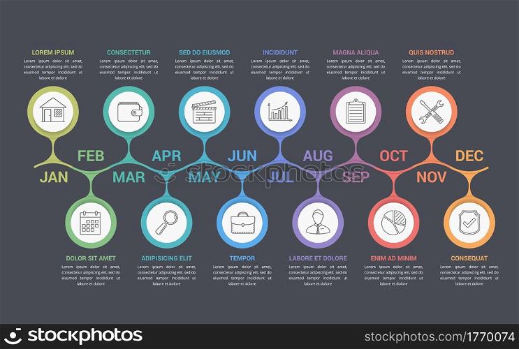 Timeline infographics with 12 months, vector eps10 illustration. Timeline Infographics