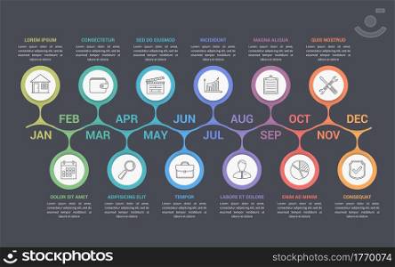 Timeline infographics with 12 months, vector eps10 illustration. Timeline Infographics