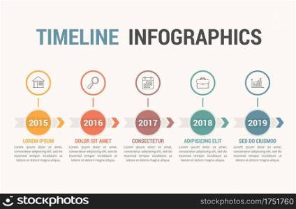 Timeline infographics with arrows with 5 steps, workflow, process, history diagram, retro style, vector eps10 illustration. Timeline Infographics