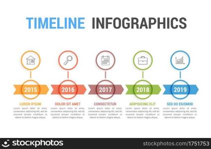 Timeline infographics with arrows with 5 steps, workflow, process, history diagram, vector eps10 illustration. Timeline Infographics
