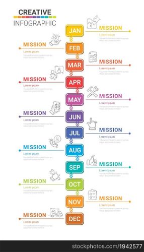 Timeline presentation for 12 months, 1 year, Timeline infographics design vector and Presentation business can be used for Business concept with 12 options, steps or processes.