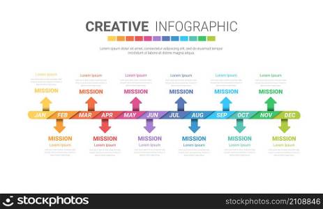 Timeline presentation for 12 months, 1 year, Timeline infographics design vector and Presentation business can be used for Business concept with 12 options, steps or processes.