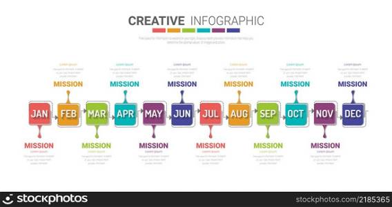 Timeline presentation for 12 months, 1 year, Timeline infographics design vector and Presentation business can be used for Business concept with 12 options, steps or processes. 