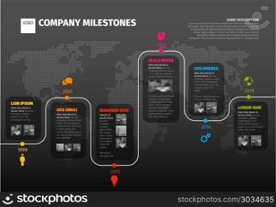 Timeline template with photo placeholders. Vector Infographic Company Timeline Template with pointers on a curved line - dark version