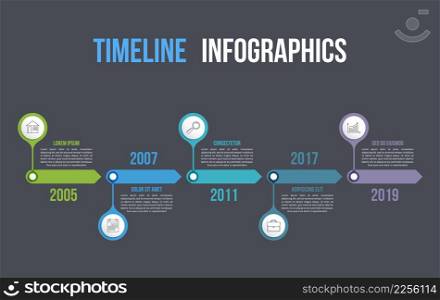 Timeline with icons, 5 elements, infographic template for web, business, presentations, vector eps10 illustration. Timeline Infographics