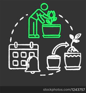 Timely repotting chalk RGB color concept icon. Houseplants concern. Indoor flowers caring. Regular replanting herbs idea. Vector isolated chalkboard illustration on black background