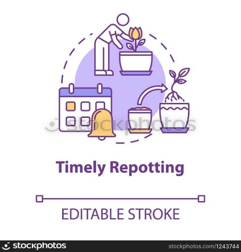 Timely repotting concept icon. Houseplants concern. Indoor flowers caring. Regular replanting herbs idea thin line illustration. Vector isolated outline RGB color drawing. Editable stroke