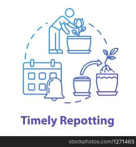Timely repotting concept icon. Houseplants concern. Indoor flowers caring. Regular replanting herbs idea thin line illustration. Vector isolated outline RGB color drawing