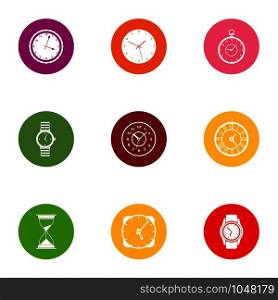 Timepiece icons set. Flat set of 9 timepiece vector icons for web isolated on white background. Timepiece icons set, flat style