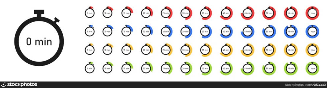 Timer and stopwatch icons set. Measurement of time. Countdown timer with different minutes. Vector. Timer and stopwatch icons set. Measurement of time. Countdown timer with different minutes. Vector illustration