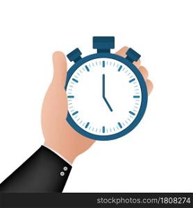 Timer hand in cartoon style. Business management. Stopwatch icon vector. Time management. Vector stock illustration. Timer hand in cartoon style. Business management. Stopwatch icon vector. Time management. Vector stock illustration.