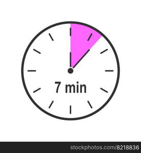 Timer icon with 7 minute time interval. Countdown clock or stopwatch symbol. Infographic element for cooking preparing instruction. Vector flat illustration.. Timer icon with 7 minute time interval. Countdown clock or stopwatch symbol. Infographic element for cooking preparing instruction. Vector flat illustration