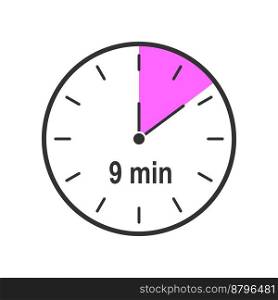 Timer icon with 9 minute time interval. Countdown clock or stopwatch symbol. Infographic element for cooking preparing instruction. Vector flat illustration.. Timer icon with 9 minute time interval. Countdown clock or stopwatch symbol. Infographic element for cooking preparing instruction. Vector flat illustration