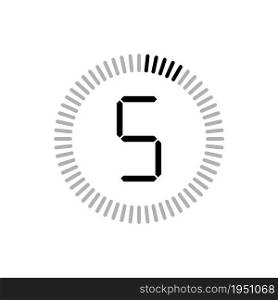 Timer icon with five second. Stopwatch with 5 minute. Clock for time, countdown and stop. Watch with 5 sec. Chronometer for speed, sport and cooking. Graphic symbol. Vector.. Timer icon with five second. Stopwatch with 5 minute. Clock for time, countdown and stop. Watch with 5 sec. Chronometer for speed, sport and cooking. Graphic symbol. Vector
