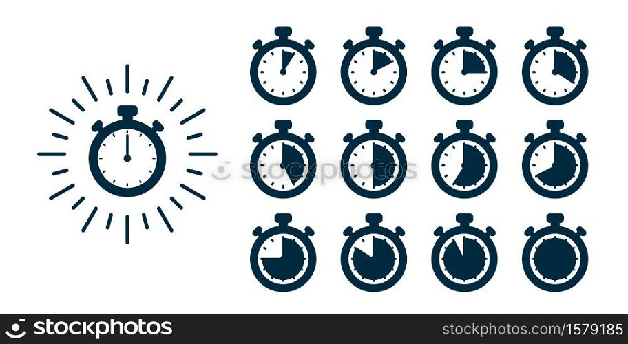 Timer icons set. Vector stopwatch illustration - clocks at different times. Fast delivery and express services concept. Timer icons set. Vector stopwatch illustration - clocks at different times