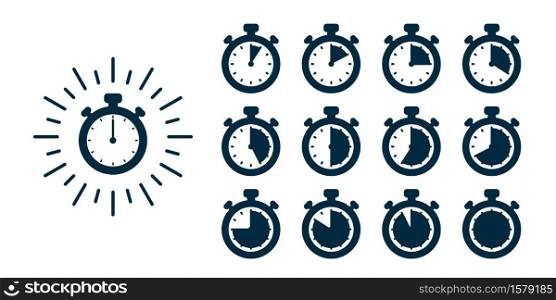 Timer icons set. Vector stopwatch illustration - clocks at different times. Fast delivery and express services concept. Timer icons set. Vector stopwatch illustration - clocks at different times