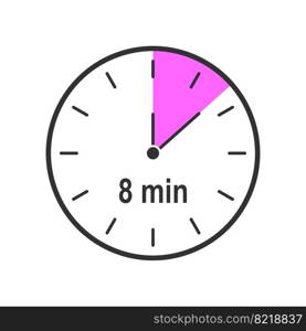 Timer icons with 8 minute time interval. Countdown clock or stopwatch symbol. Infographic element for cooking preparing instruction. Vector flat illustration.. Timer icons with 8 minute time interval. Countdown clock or stopwatch symbol. Infographic element for cooking preparing instruction. Vector flat illustration