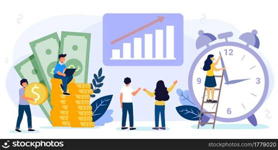 Times is money Concept save time Money saving Financial investments in stock market future income growth Tiny people characters working together with clock vector illustration. Times is money Concept save time Money saving Financial investments in stock market
