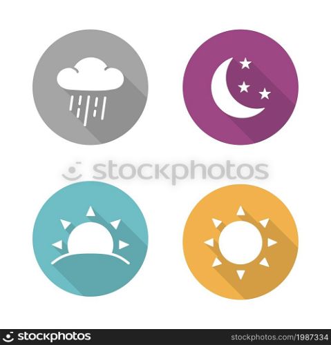 Times of day flat design icons set. Sunrise and sunshine long shadow white silhouettes illustrations. Sunny and rainy day round infographics elements with raining cloud and sun. Vector symbols. Times of day flat design icons set