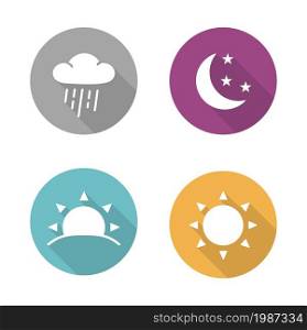 Times of day flat design icons set. Sunrise and sunshine long shadow white silhouettes illustrations. Sunny and rainy day round infographics elements with raining cloud and sun. Vector symbols. Times of day flat design icons set