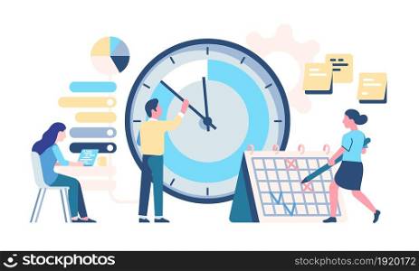 Timetable managing. Effective workflow organization. Planning work productivity. Office employees make schedule and tasks plan. Large round clock dial and calendar. Time management. Vector concept. Timetable managing. Effective organization. Planning work productivity. Office employees make schedule and tasks plan. Large round dial and calendar. Time management. Vector concept