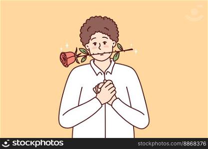 Timid young guy with rose in mouth clenching palms in front of chest looks at screen with head tilted to side. Man in white shirt hopes girl will like him and invite lover on date. Flat vector design . Timid young guy with rose in mouth clenching palms in front of chest. Vector image