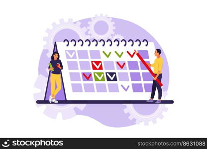 Timing and project scheduling. Concept of time management, work planning method, organization of daily goals and accomplishments. Vector illustration. Isolated flat.