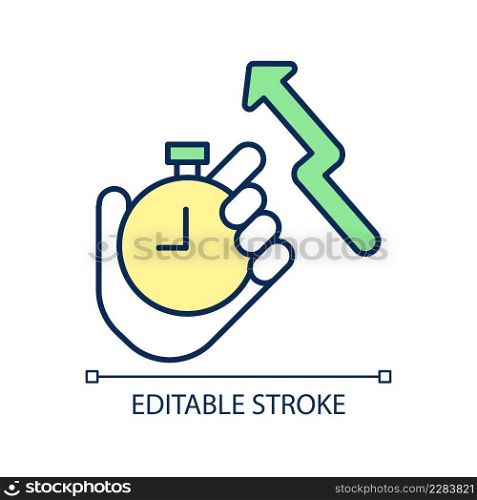 Timing data growth RGB color icon. Time score increasing and rising. Stopwatch measure. Statistic rise. Isolated vector illustration. Simple filled line drawing. Editable stroke. Arial font used. Timing data growth RGB color icon