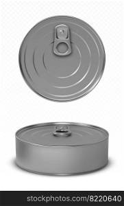 Tin can fish or pet food mockup with pull ring top and front view. Canned round metal jar with closed lid, aluminium preserve canister isolated on white background, Realistic 3d vector mock up, icons. Tin can fish or pet food mockup with pull ring