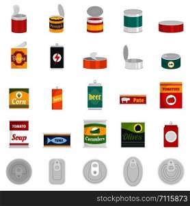 Tin can food package jar icons set. Flat illustration of 25 tin can food package jar vector icons isolated on white. Tin can food package jar icons set, flat style