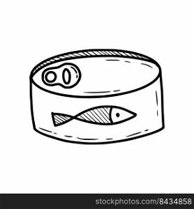 Tin can with fish. Vector doodle illustration. Sketch.