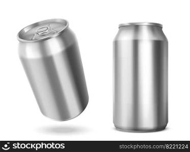 Tin can with open key front and angle view. Blank cylinder metal jar with pull ring on lid, silver colored aluminium canister for cold drink isolated on white background, Realistic 3d vector mockup. Tin can with open key front and angle view, jars