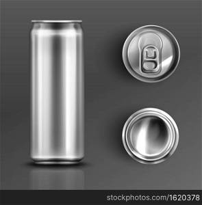 Tin can with open key front, top and bottom view set. Cylinder metal jar with lid, silver colored aluminium canister for cold drinks isolated on grey background, Realistic 3d vector icons, clip art. Tin can with open key front, top and bottom view