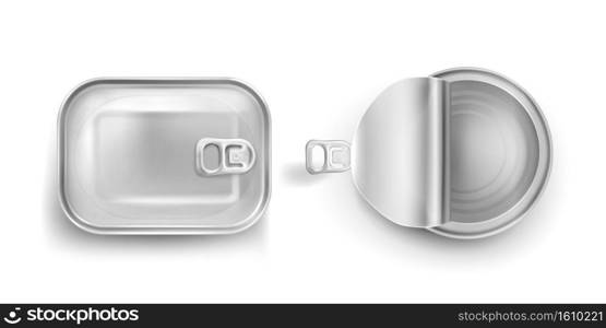 Tin cans with pull ring mockup top view. Canned food metal jars with closed and open lids, aluminium rectangle and round preserves canisters isolated on white background, Realistic 3d vector icons. Tin cans with pull ring mockup top view, preserves