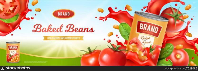 Tin of tasty baked beans on background with tomato sauce and green leaves realistic vector illustration