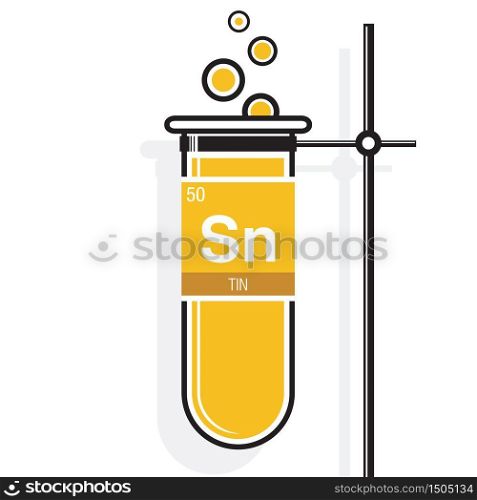Tin symbol on label in a yellow test tube with holder. Element number 50 of the Periodic Table of the Elements - Chemistry
