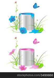 tin with a paint, flowers, green grass and butterfly