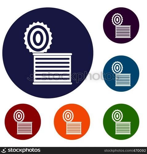 Tincan icons set in flat circle reb, blue and green color for web. Tincan icons set