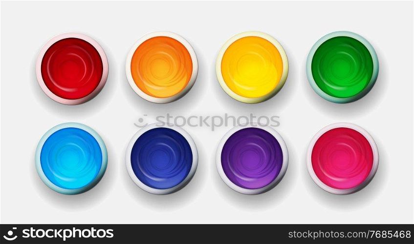 Tins with gouache, acrylic paint collection set in rainbow colours. Design elements for art background. Vector Illustration. Tins with gouache, acrylic paint collection set in rainbow colours. Design elements for art background. Vector Illustration EPS10